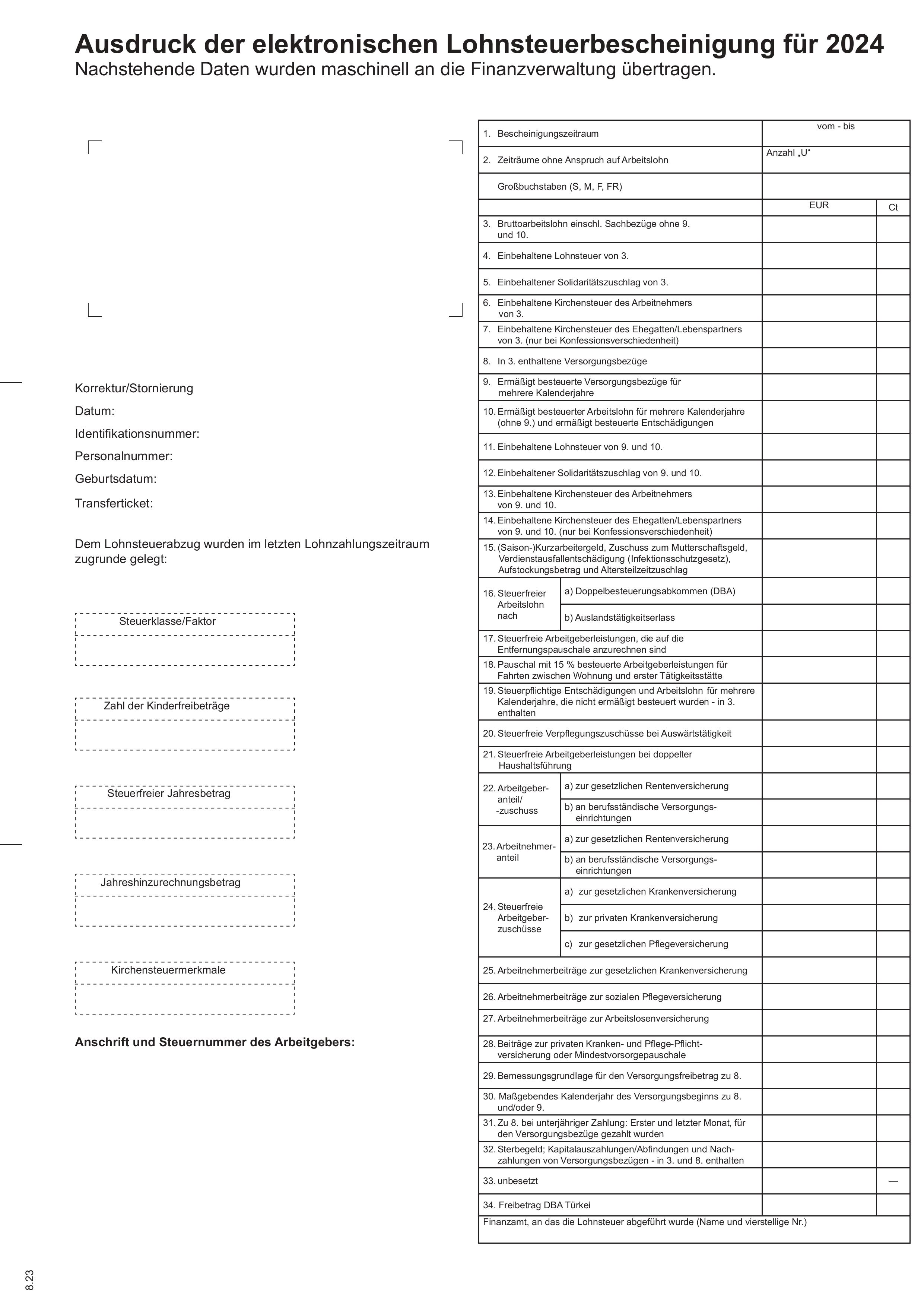 Muster der Lohnsteuerbescheinigung 2024 mit Angaben zu Bruttoarbeitslohn, Lohnsteuer, Sozialabgaben und steuerfreien Beträgen