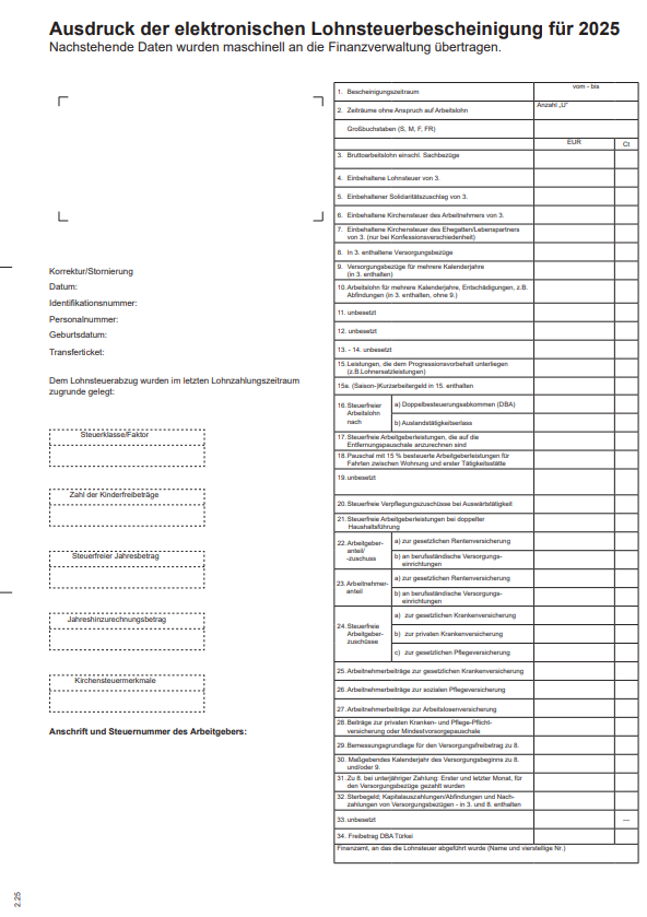 Muster der Lohnsteuerbescheinigung mit Angaben zu Bruttoarbeitslohn, Lohnsteuer, Sozialabgaben und steuerfreien Beträgen